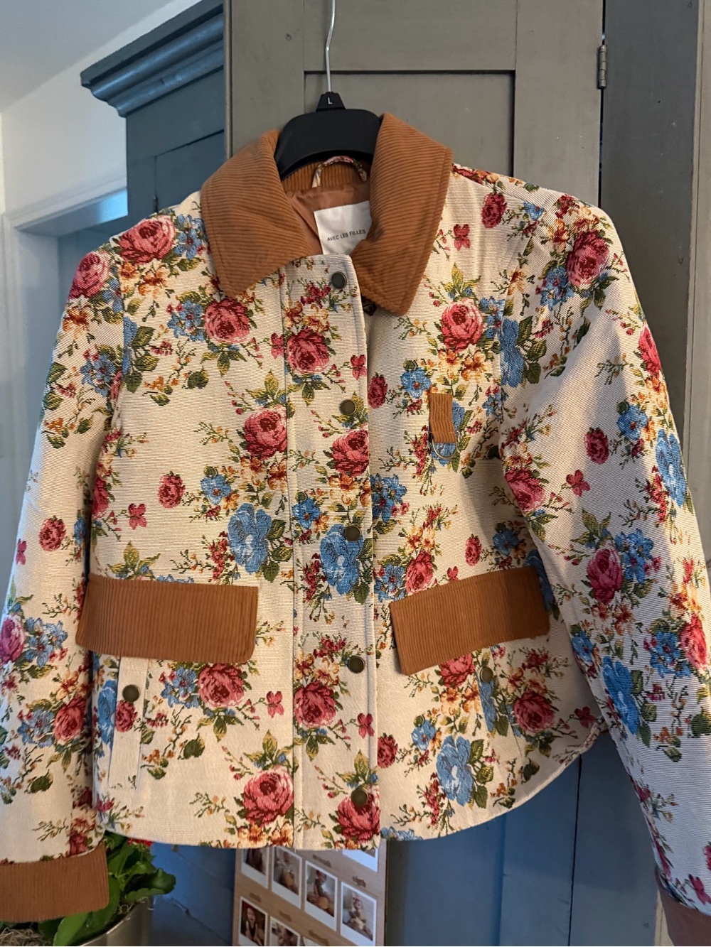Avec Les Filles Cream Floral Utility Jacket with Brown Corduroy Trim